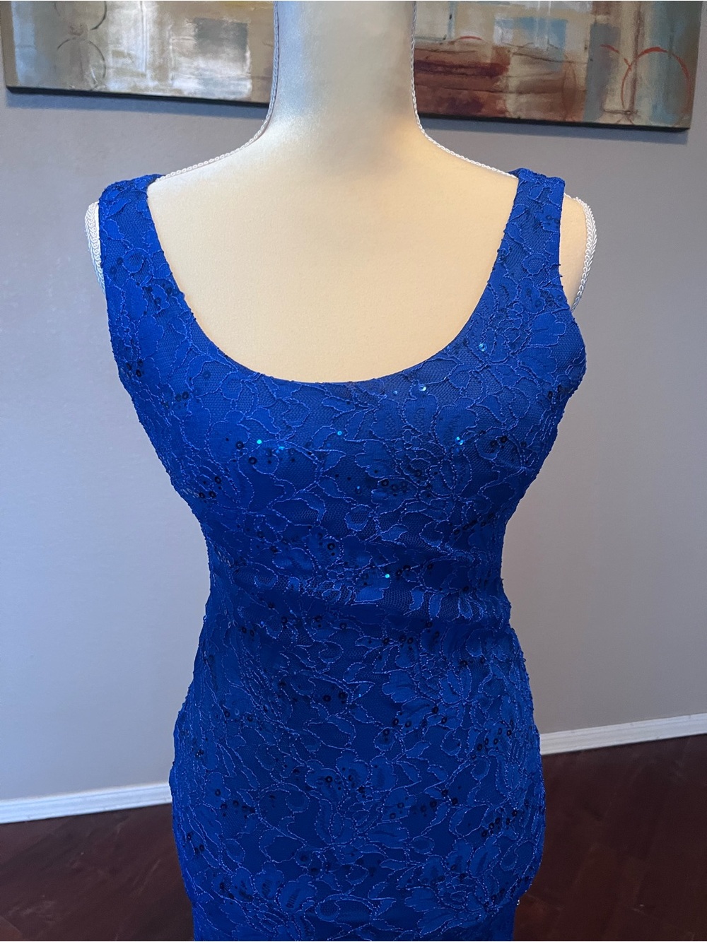 B Darlin Royal Blue Lace Maxi Dress with Scoop Neck